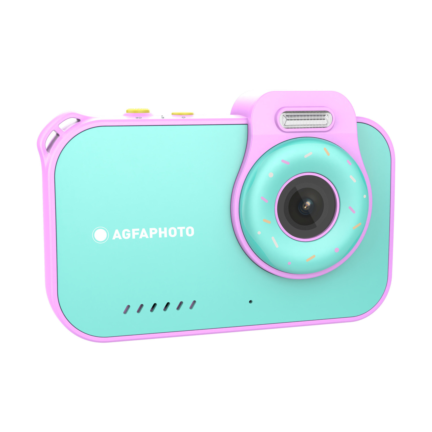 Una fotocamera giocattolo con un design rosa e verde acqua. Ha un obiettivo a forma di ciambella, Agfaphoto visibile.