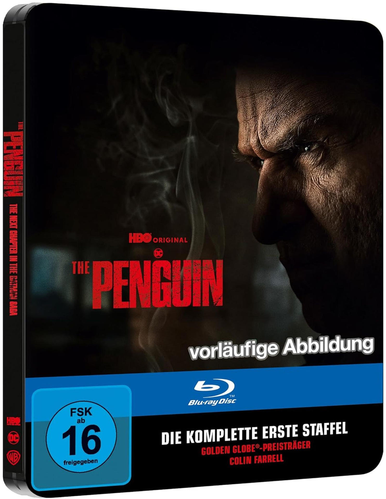 Blu-ray-Cover mit Nahaufnahme eines Mannes, roter Text mit der Aufschrift 'THE PENGUIN' und 'HBO Original'.