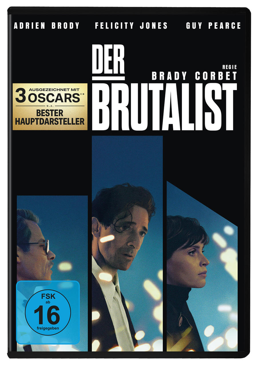 Filmcover mit drei Gesichtern. Der Titel lautet 'Der Brutalist' auf Deutsch. Ein blauer Rating-Aufkleber.