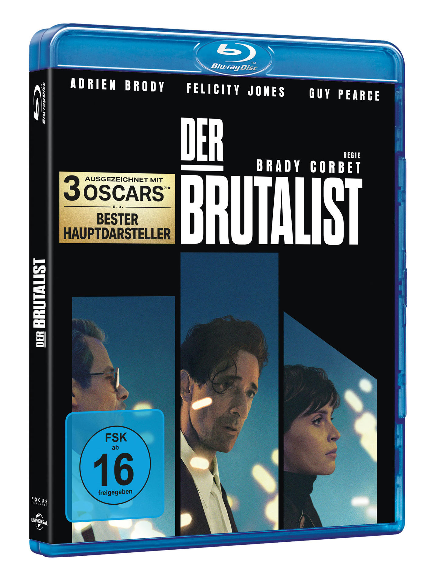 Blu-ray-Disc-Hülle. Der Titel ist auf Deutsch. Adrien Brody, Felicity Jones und Guy Pearce sind zu sehen.