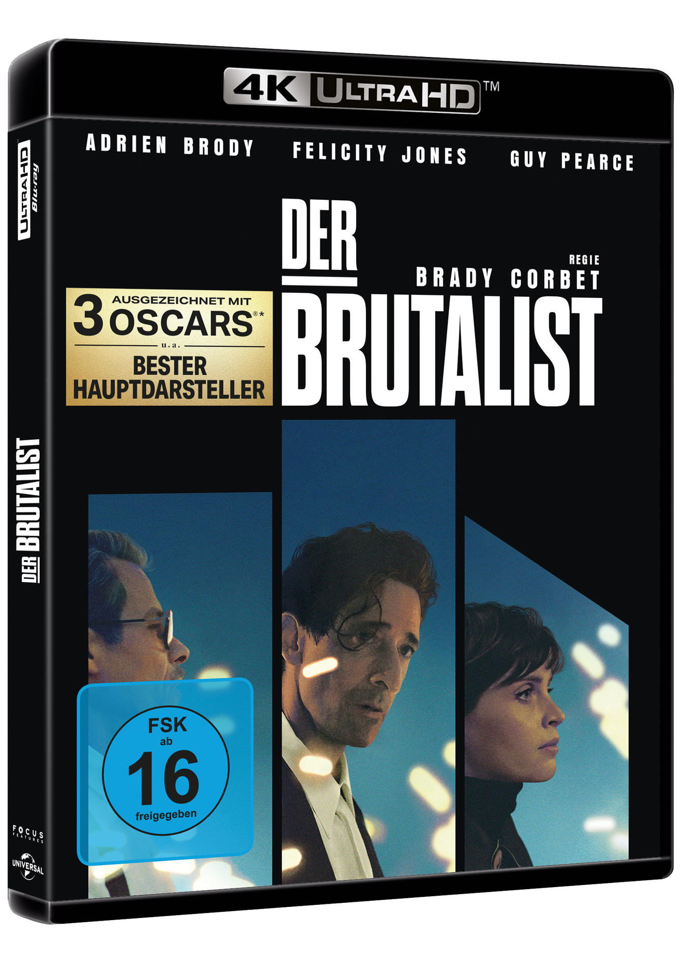 Blu-ray-Cover mit Nahaufnahme von drei Personen. Titel: Der Brutalist. Auszeichnungen.