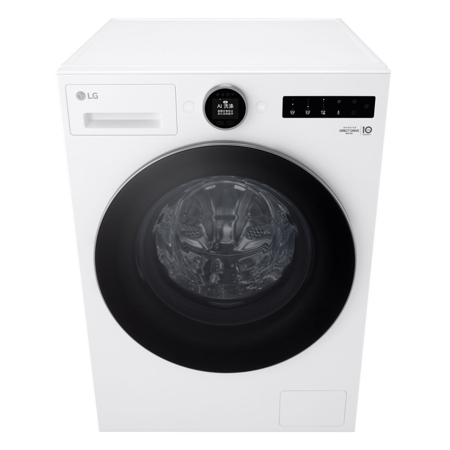 Lave-linge LG blanc, vue de dessus, avec porte noire, panneau de commande sur le dessus et corps blanc.