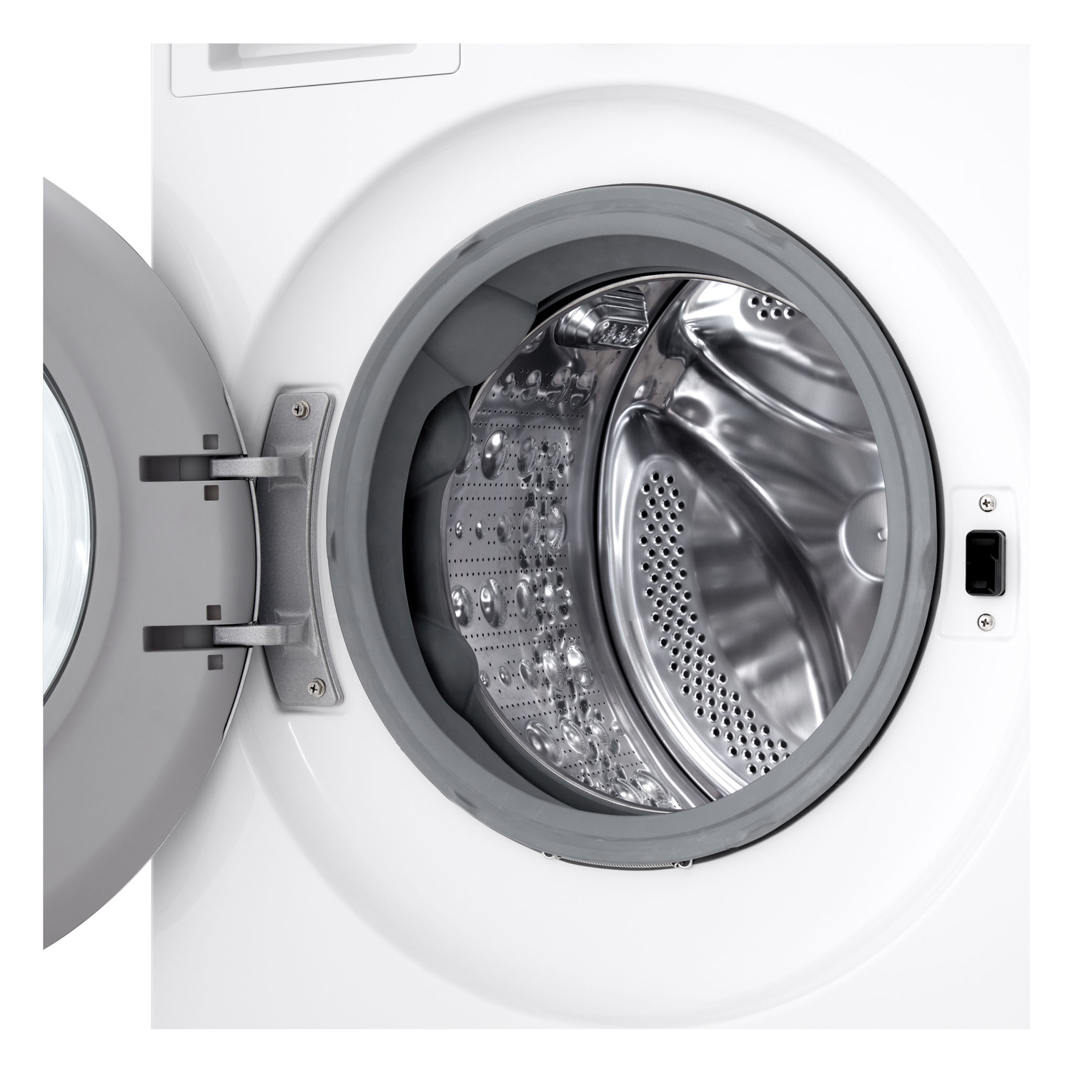 Une porte de machine à laver blanche ouverte, montrant l'intérieur.