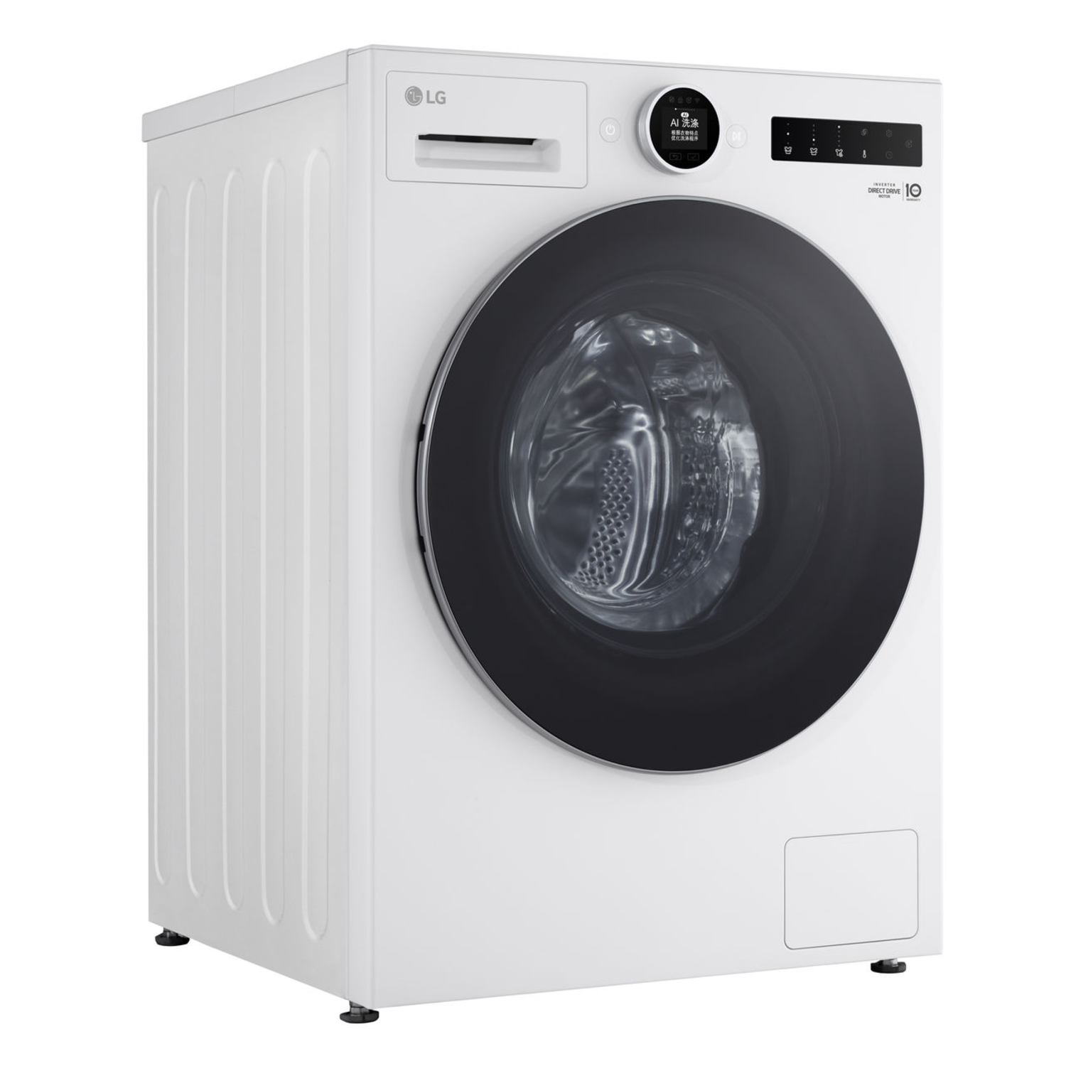 Lave-linge LG blanc avec porte noire, panneau de commande et corps blanc, sous un angle latéral.