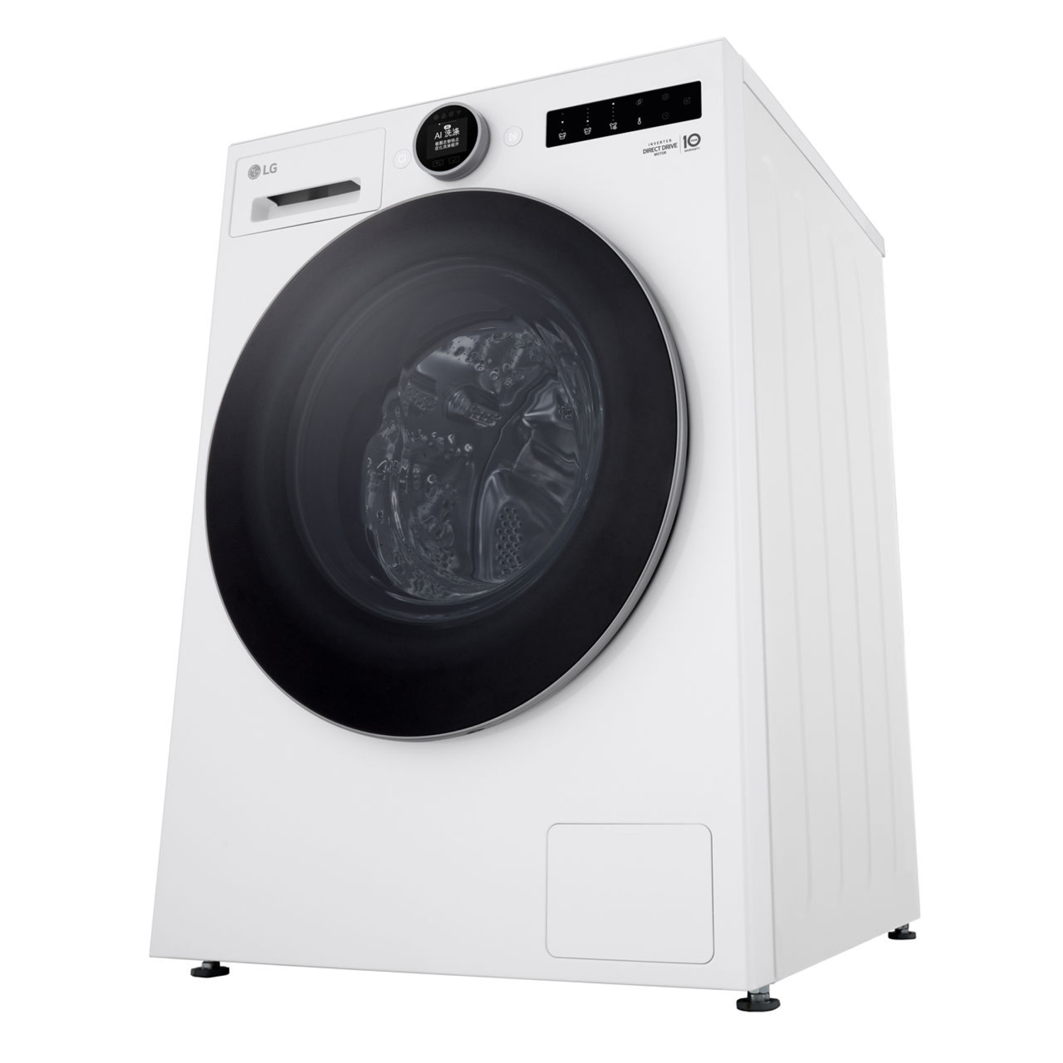 Lave-linge LG blanc avec porte noire et panneau de commande, d'une perspective angulaire.