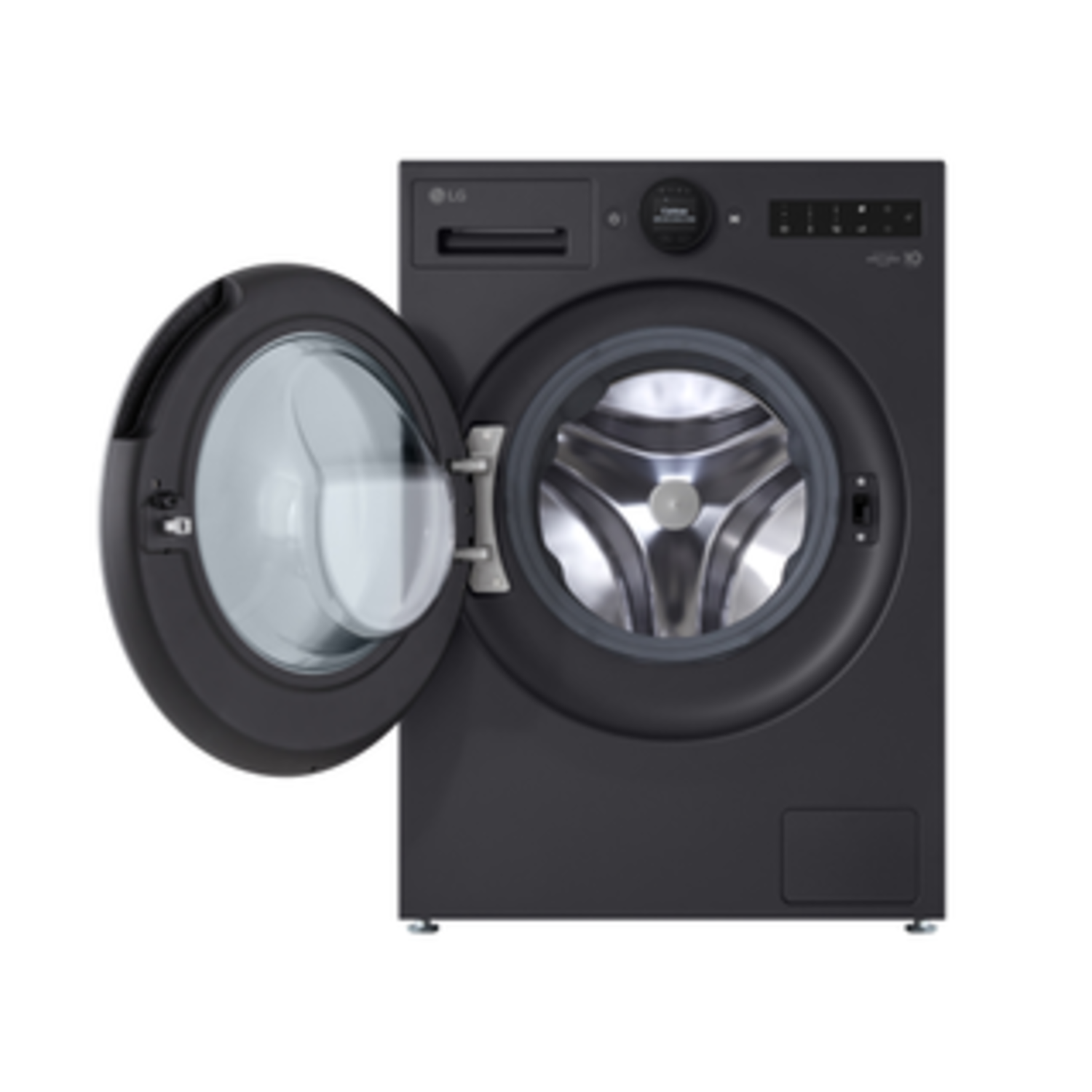 A black LG washing machine. The door is open, showing the drum. White background.
