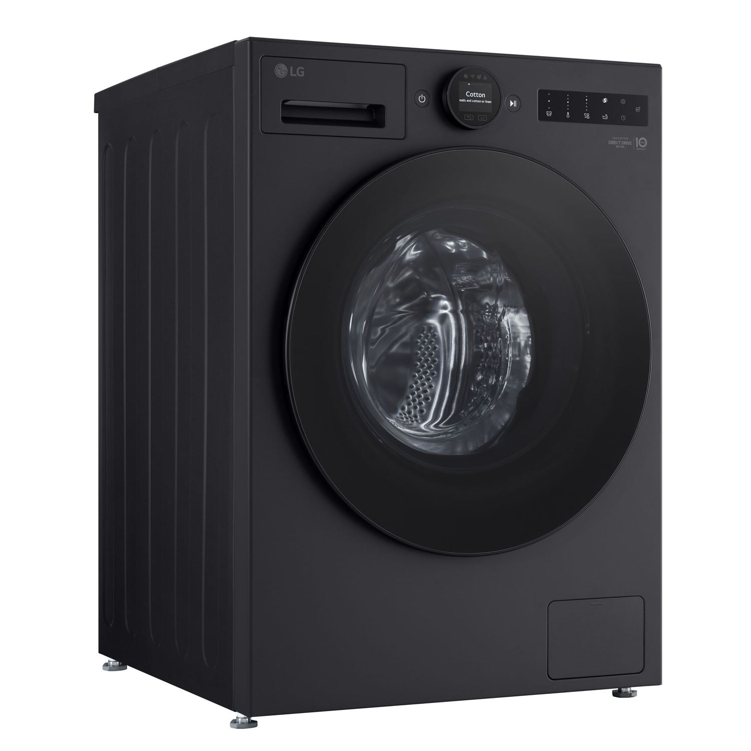 A black LG washing machine. The door is circular, and there are several control buttons on the top.