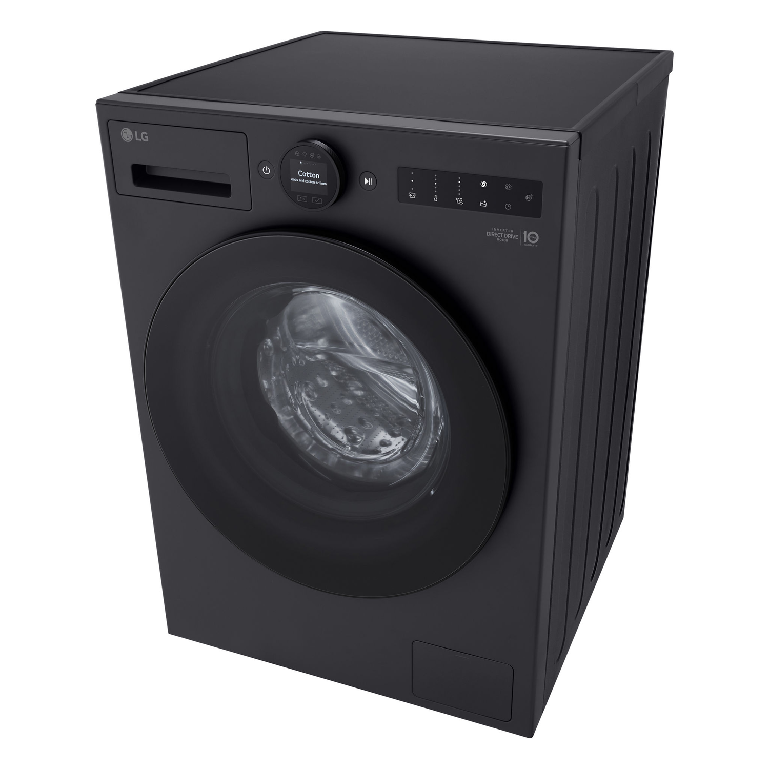 Black LG washing machine. Round black door, control panel on top. White background.