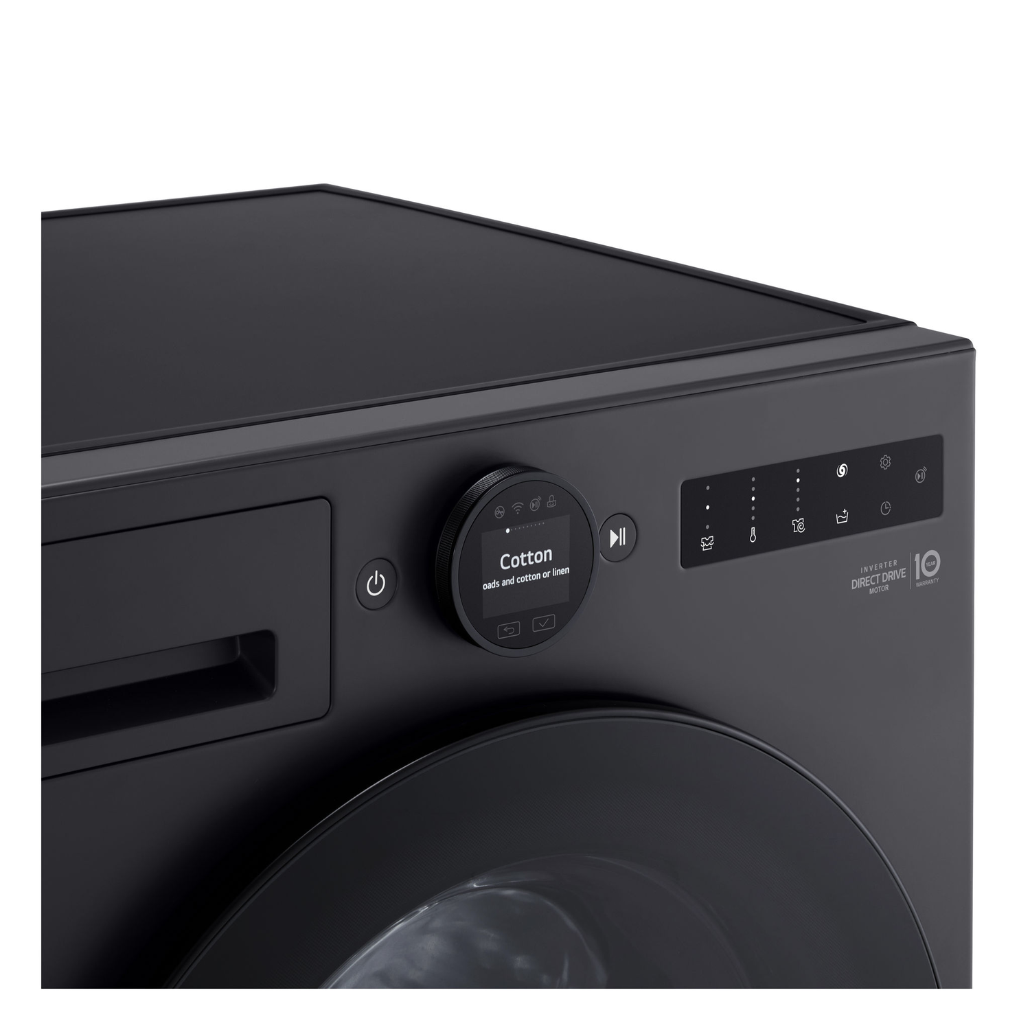 Close-up of a black washing machine control panel, showing settings and display.