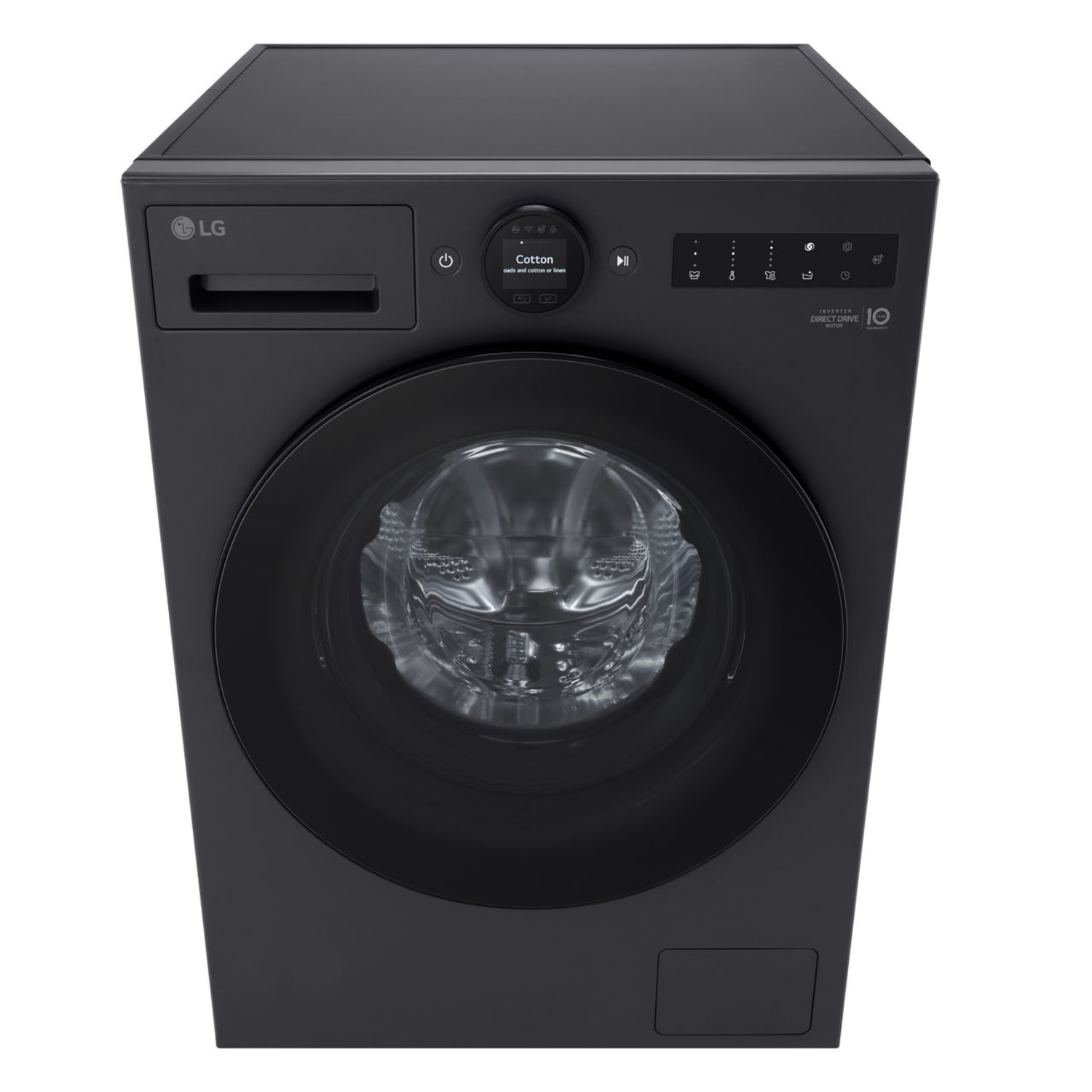 Black LG washing machine, top view. Controls are visible. Door is closed. The surface is glossy.