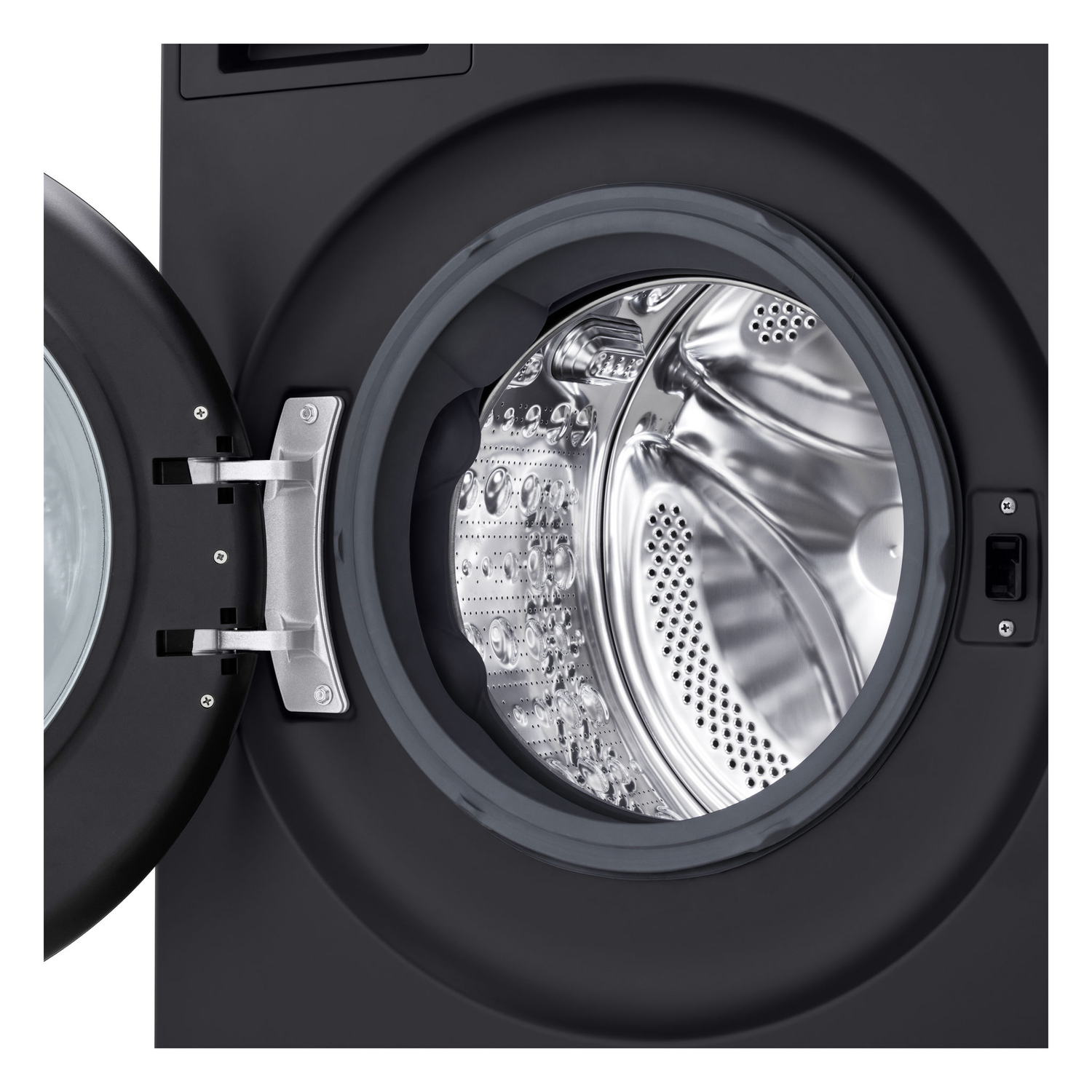 A close-up of the inside of a black washing machine door.