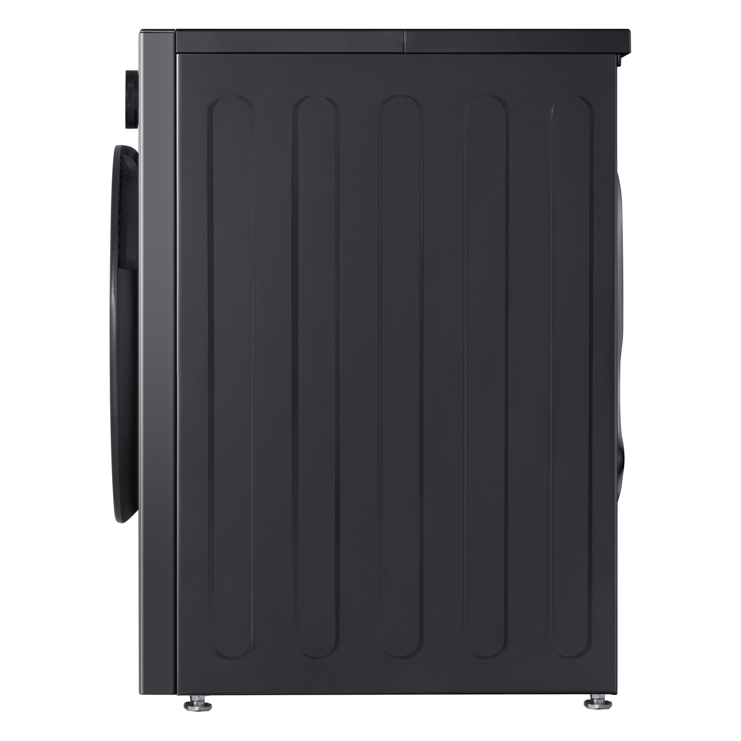A black washing machine viewed from the side. The appliance has a sleek design with rounded edges.
