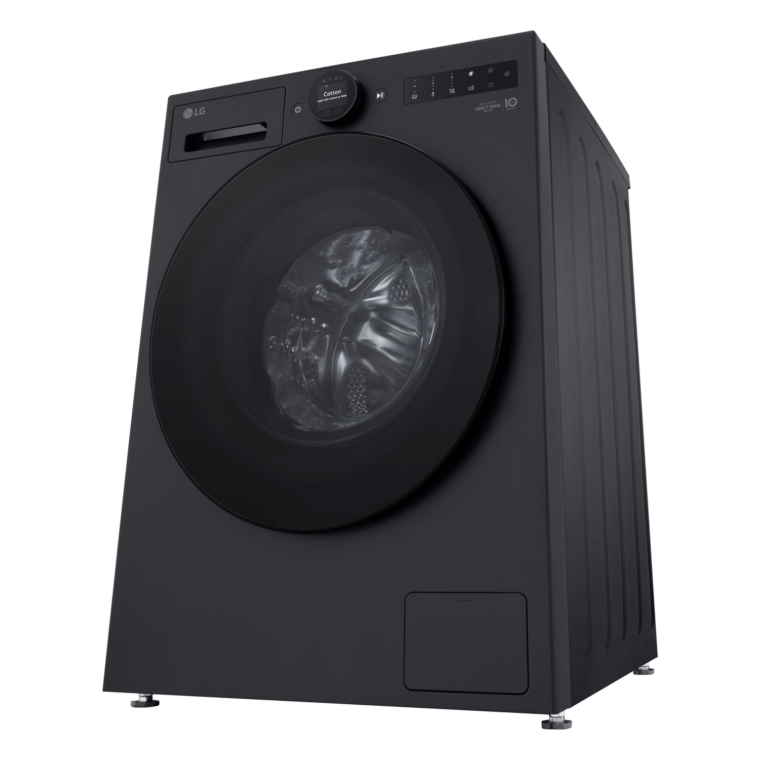 Black washing machine with a round door, controls on top. The LG logo is visible.