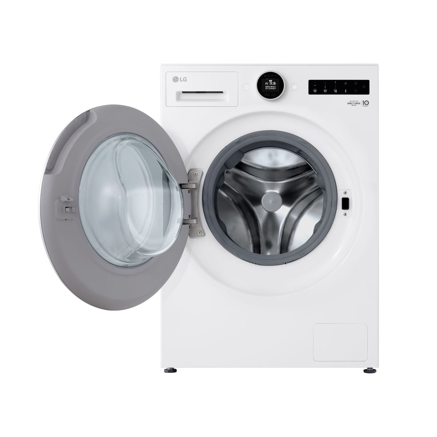 White washing machine, door open showing the drum. Grey door trim. LG logo visible.