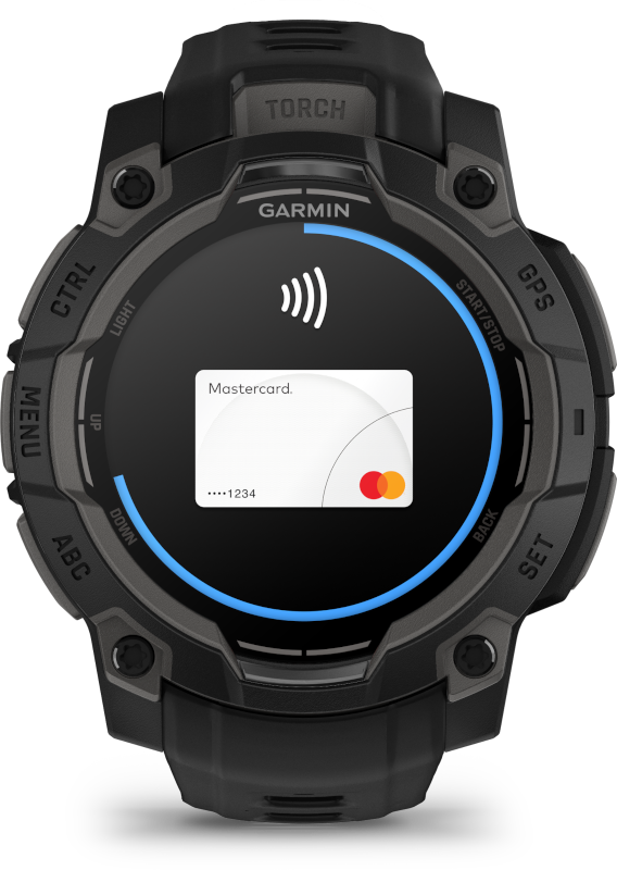 Egy fekete Garmin okosóra, amely egy Mastercard kártyát jelenít meg a képernyőjén.