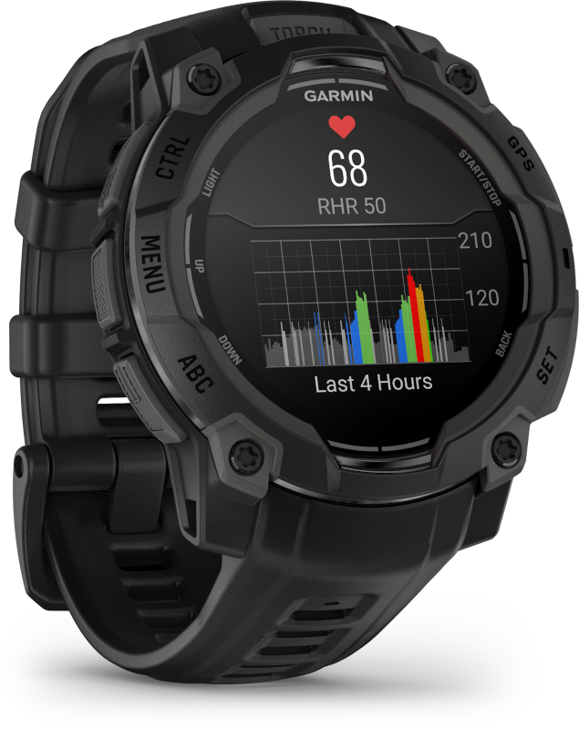 Fekete Garmin óra, pulzusszámot és diagramot mutat. Az órán gombok és fekete szíj van.