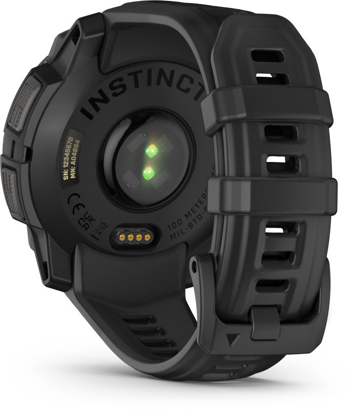 Fekete Garmin Instinct óra, hátulnézet, érzékelőkkel és szíjjal.