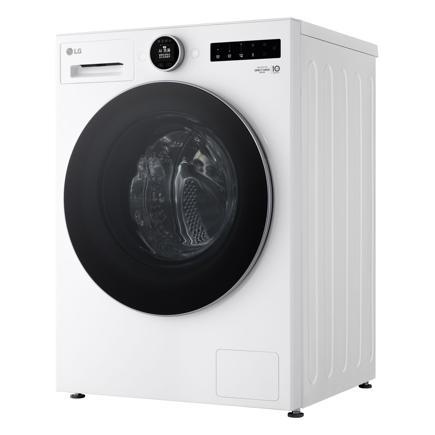 White LG washing machine, from a slightly angled view, with a black door and control panel.