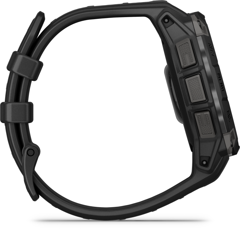 Fekete Garmin óra, profilnézet, a szíjjal, a gombokkal és az óra testével.