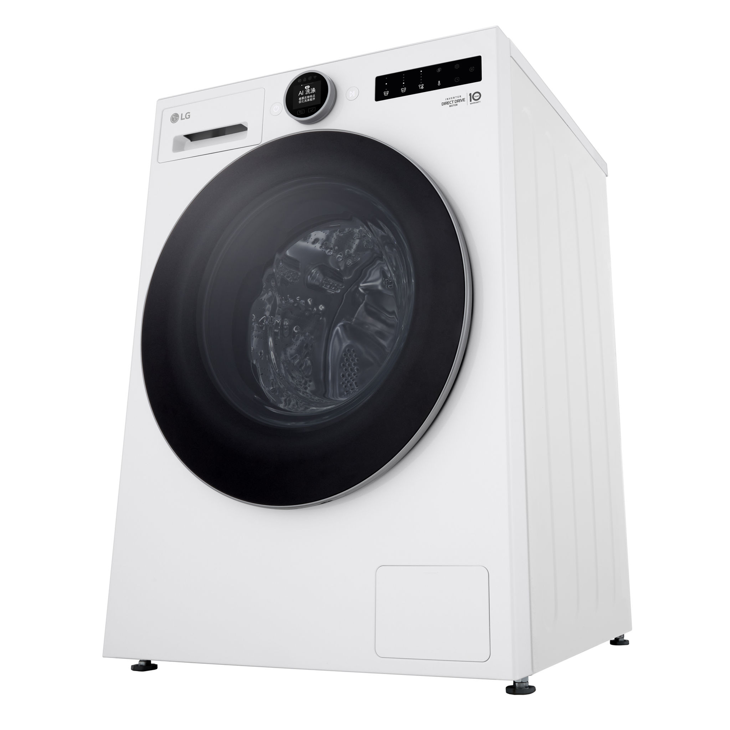 White washing machine, perspective view. The door is black, and the control panel is on top.