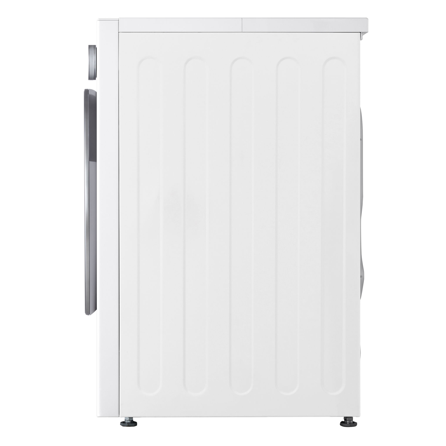 The back of a white washing machine, showing the side with the controls and details.