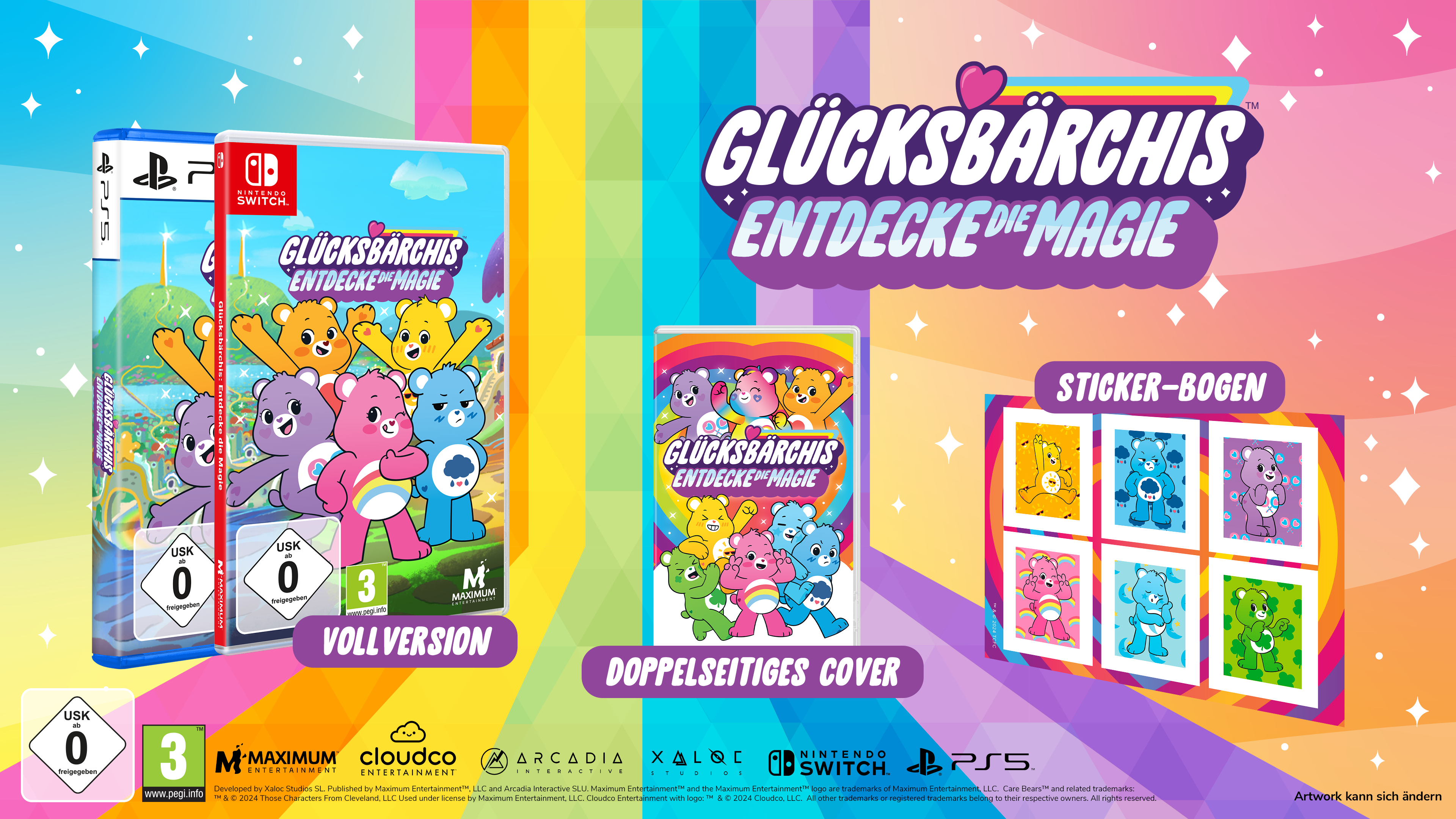 Care Bears Spielhüllen und Stickerbogen. Bunter Regenbogenhintergrund, Text auf Deutsch.