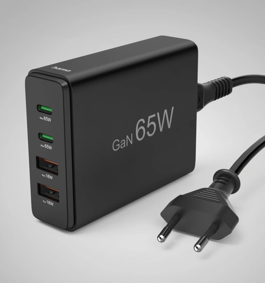 Czarna ładowarka GaN 65W z wieloma portami USB i wtyczką europejską, na jasnym tle.
