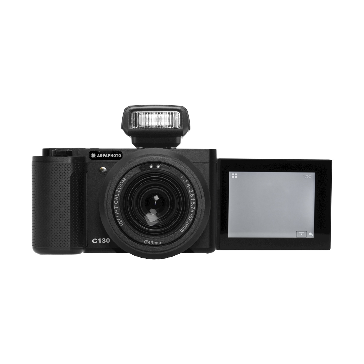 Fotocamera nera con obiettivo e flash a comparsa, e uno schermo aperto. Sfondo bianco.