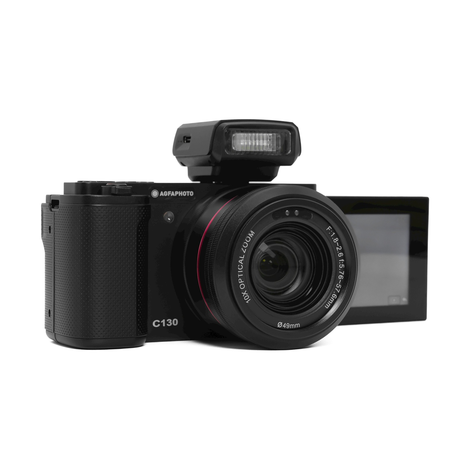 Fotocamera nera con obiettivo e flash. Schermo aperto. Marchio AgfaPhoto visibile.