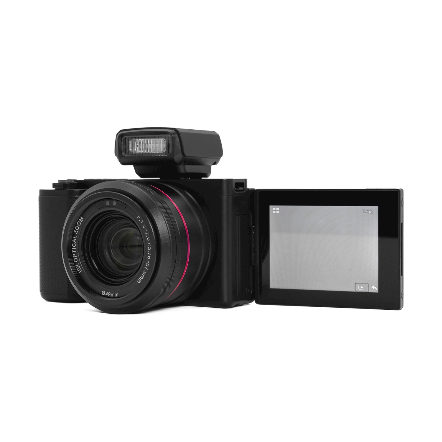 Una fotocamera nera con obiettivo e schermo aperto. L'obiettivo ha un anello rosa.