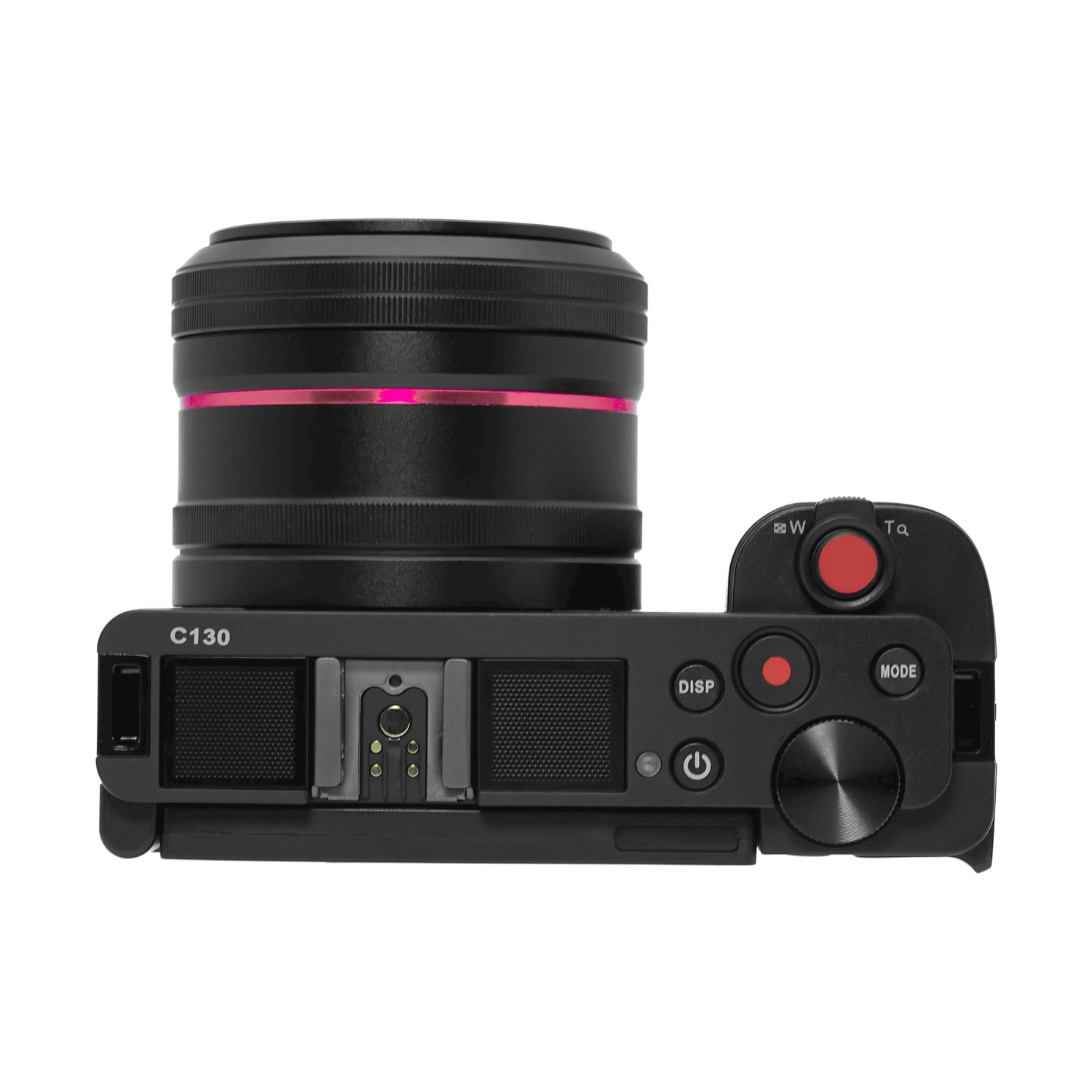 Fotocamera nera con obiettivo, pulsanti e display in alto, sfondo bianco.
