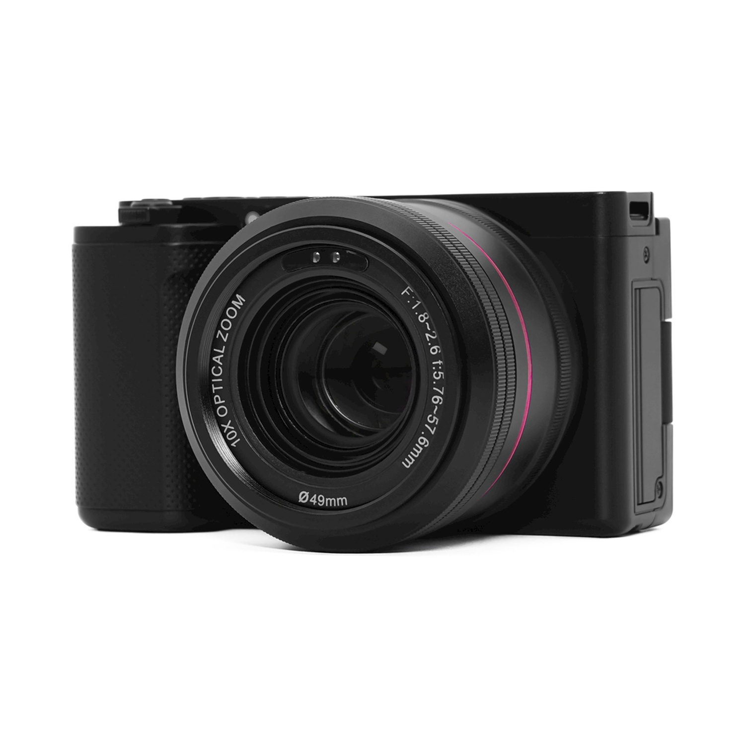 Fotocamera nera con obiettivo. Obiettivo con testo: zoom ottico 100x, F:1.8-2.6 e 49mm.
