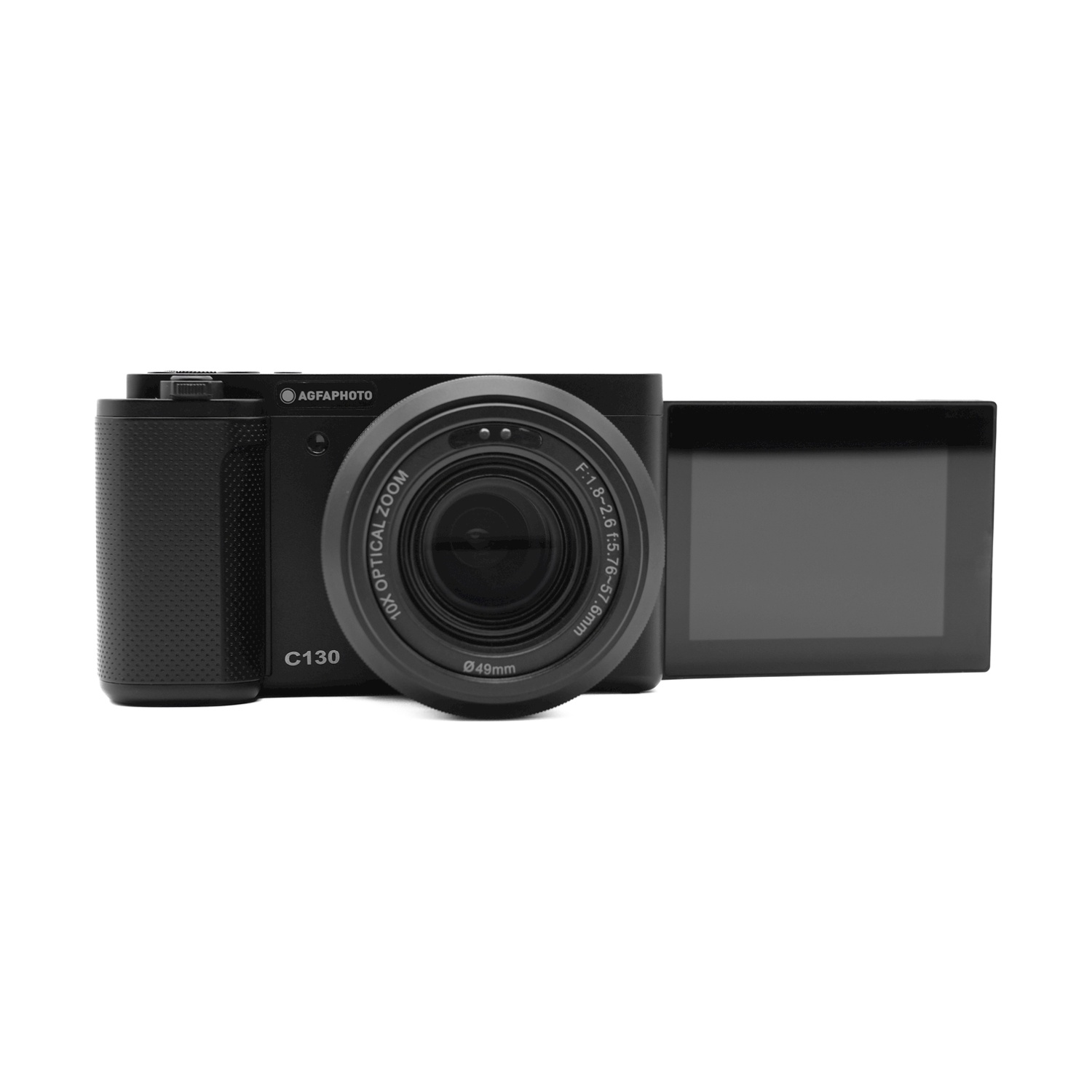 Fotocamera digitale nera con schermo aperto, obiettivo al centro e impugnatura a sinistra.