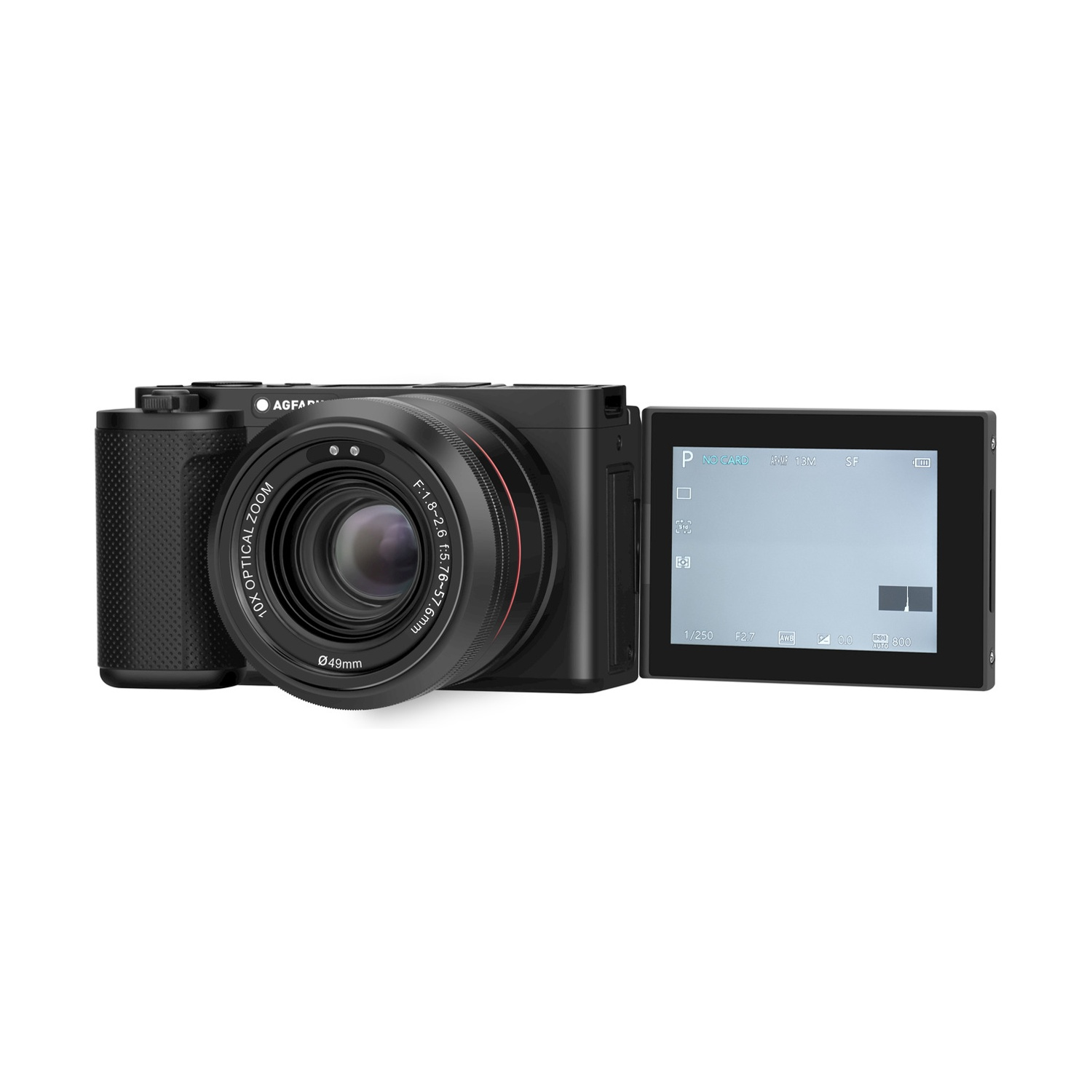 Fotocamera nera con schermo che mostra le impostazioni.