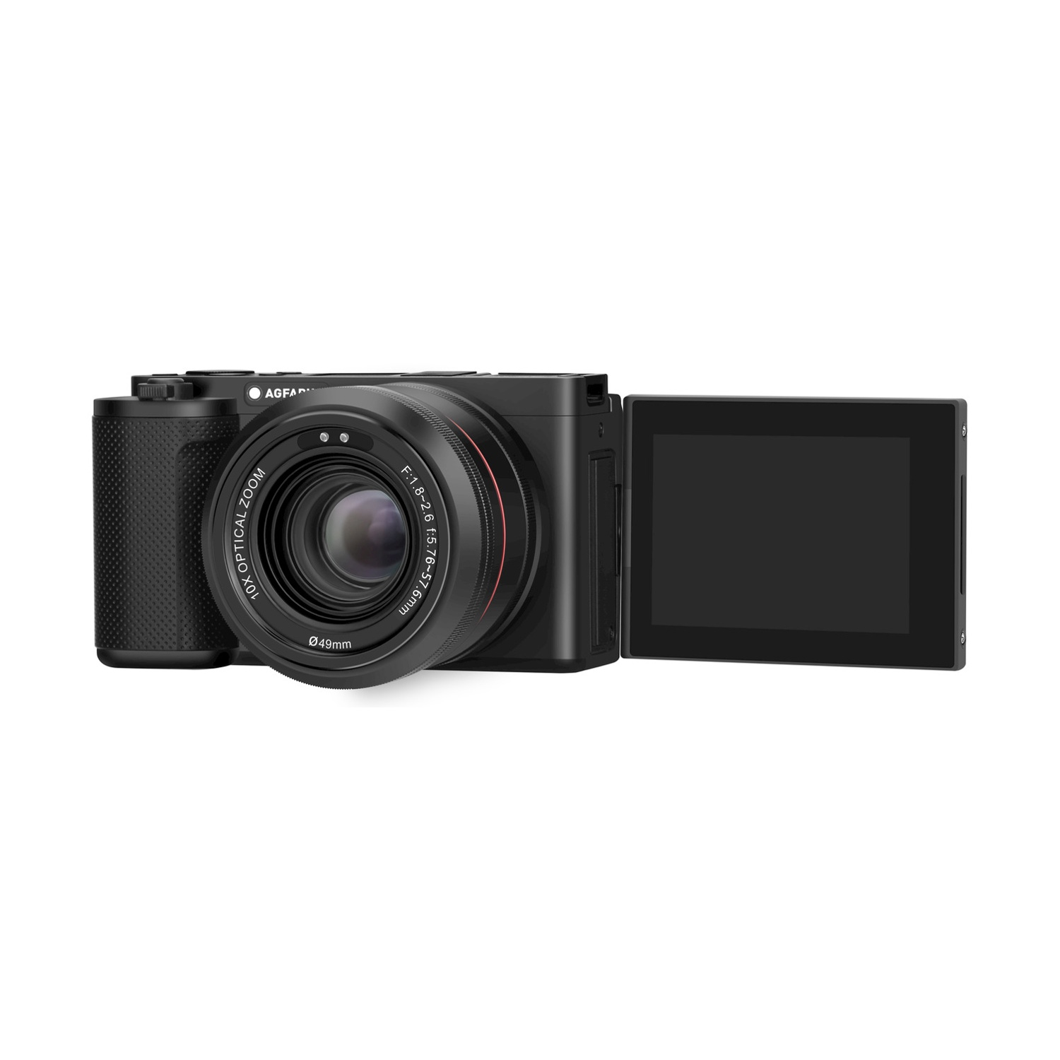 Una fotocamera nera con obiettivo e display aperto. Ha un'impugnatura nera e dettagli argentati.