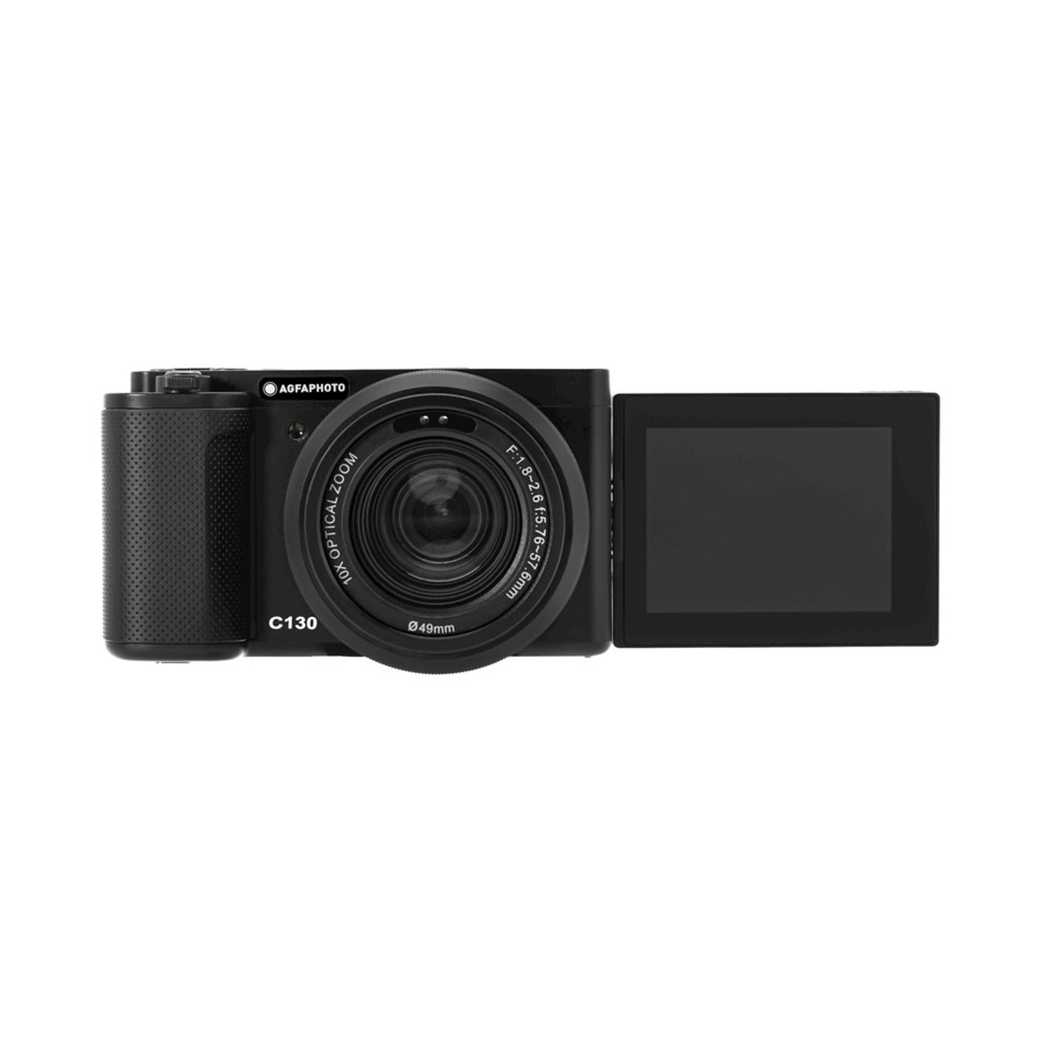 Fotocamera digitale nera con schermo ribaltabile, su sfondo bianco.