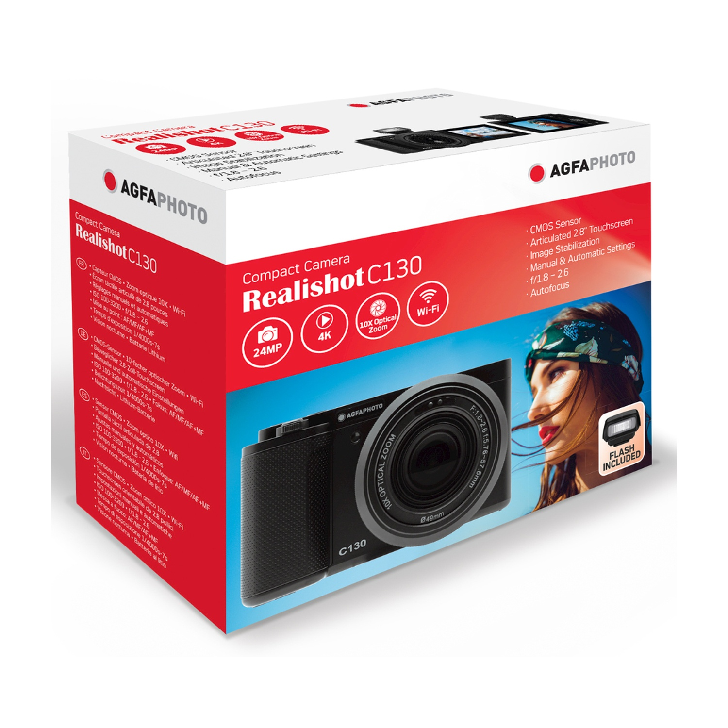 Una scatola della fotocamera con la fotocamera e una donna nell'immagine.