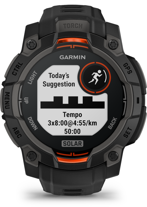 Egy fekete Garmin óra, mely fitnesz adatokat mutat a képernyőjén.