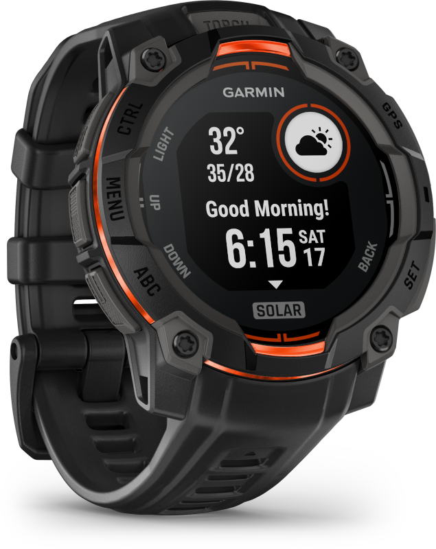 Egy fekete Garmin okosóra, amely az időjárást, az időt és a statisztikákat mutatja.