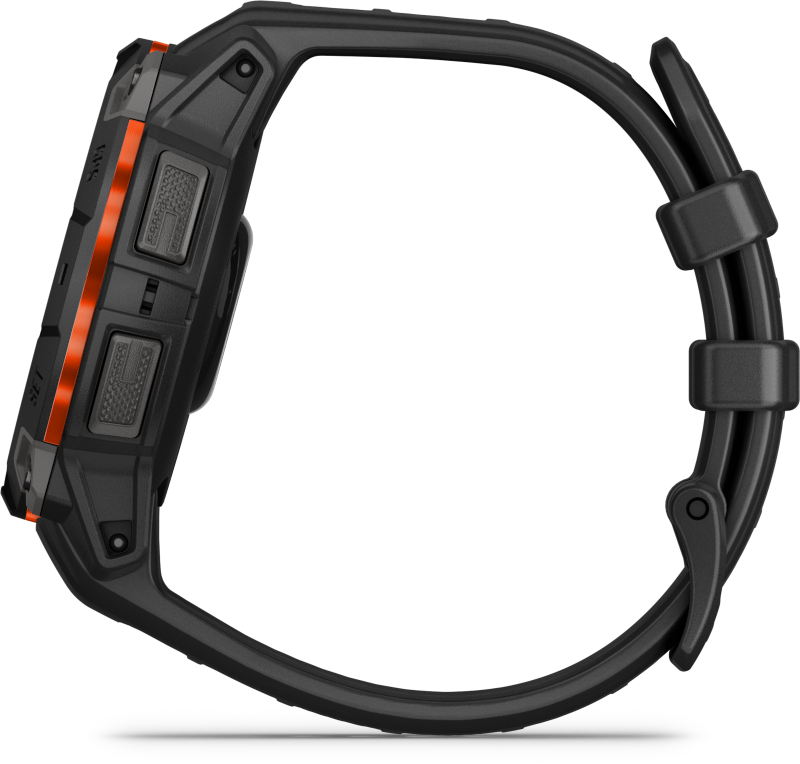 Fekete-narancs Garmin sportóra oldalsó nézete fekete háttérrel.