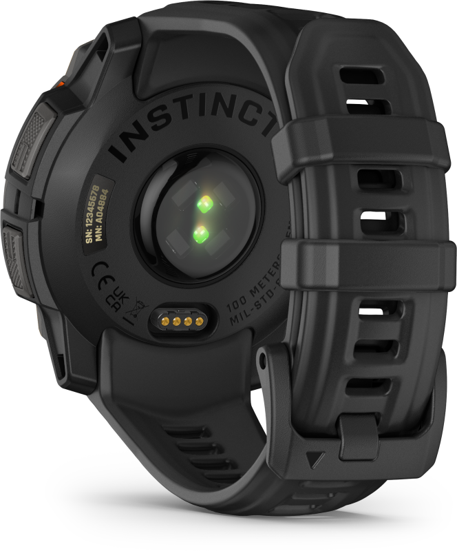 Fekete Garmin Instinct okosóra, hátulnézet, pulzusmérővel és pánttal.