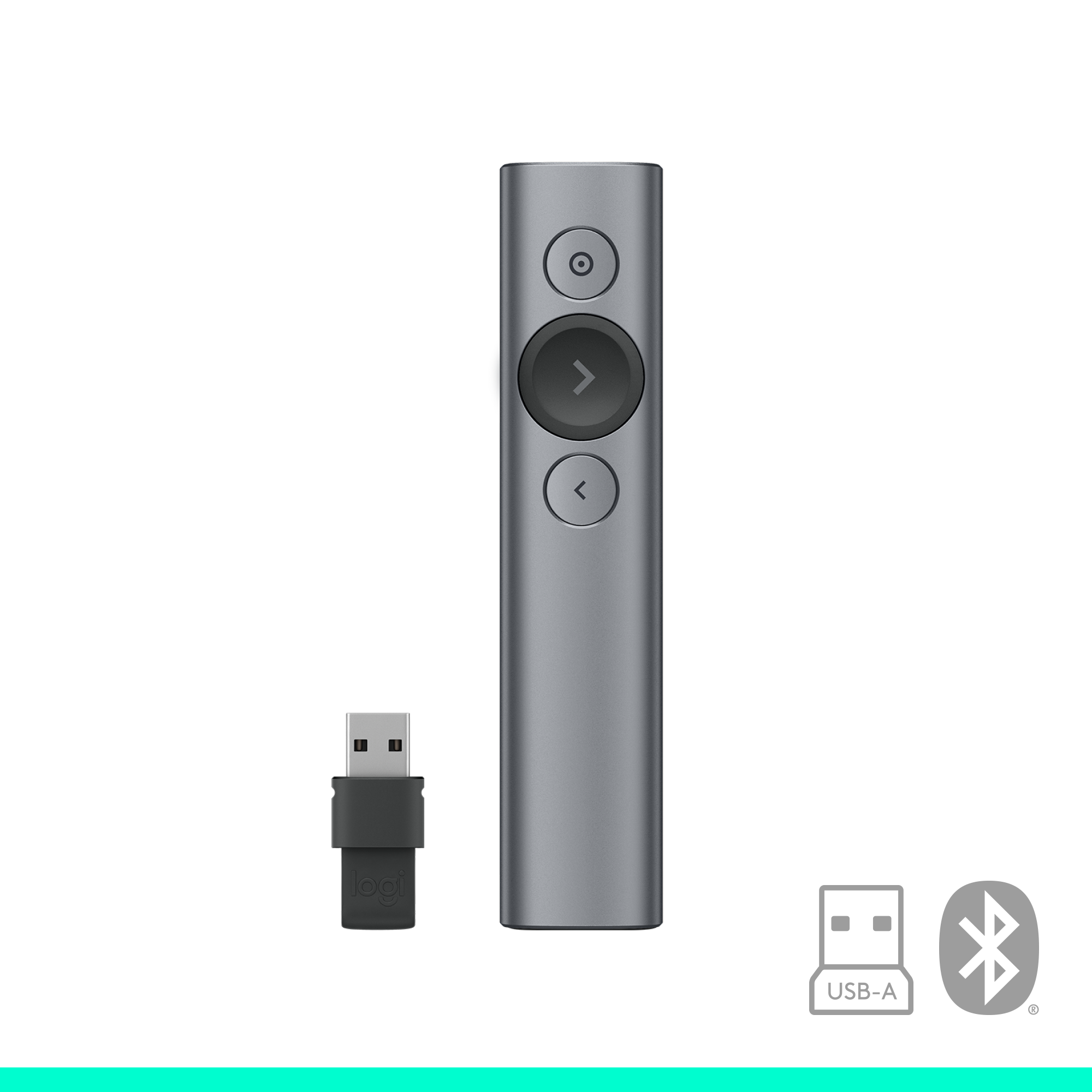 Un mando a distancia de presentación plateado, un receptor USB y logotipos USB y Bluetooth.