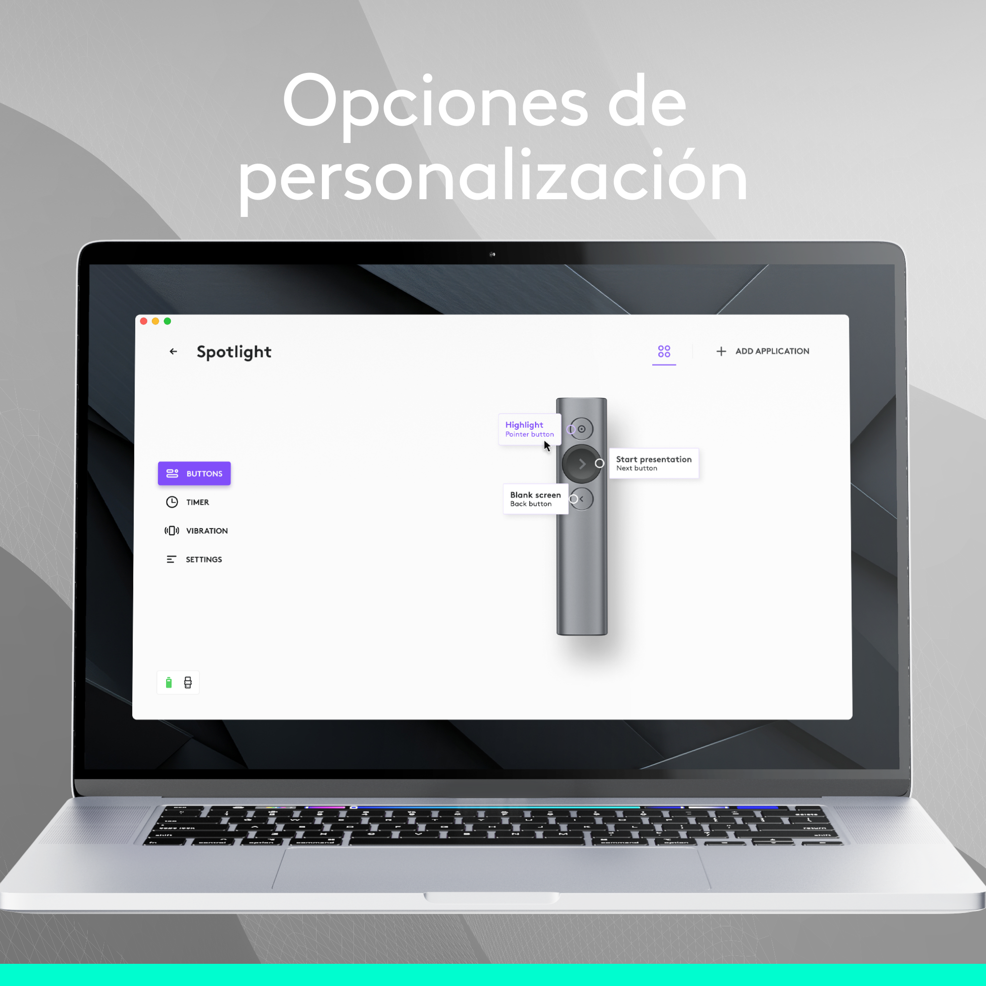 Pantalla de laptop mostrando una interfaz de Spotlight con opciones de personalización.