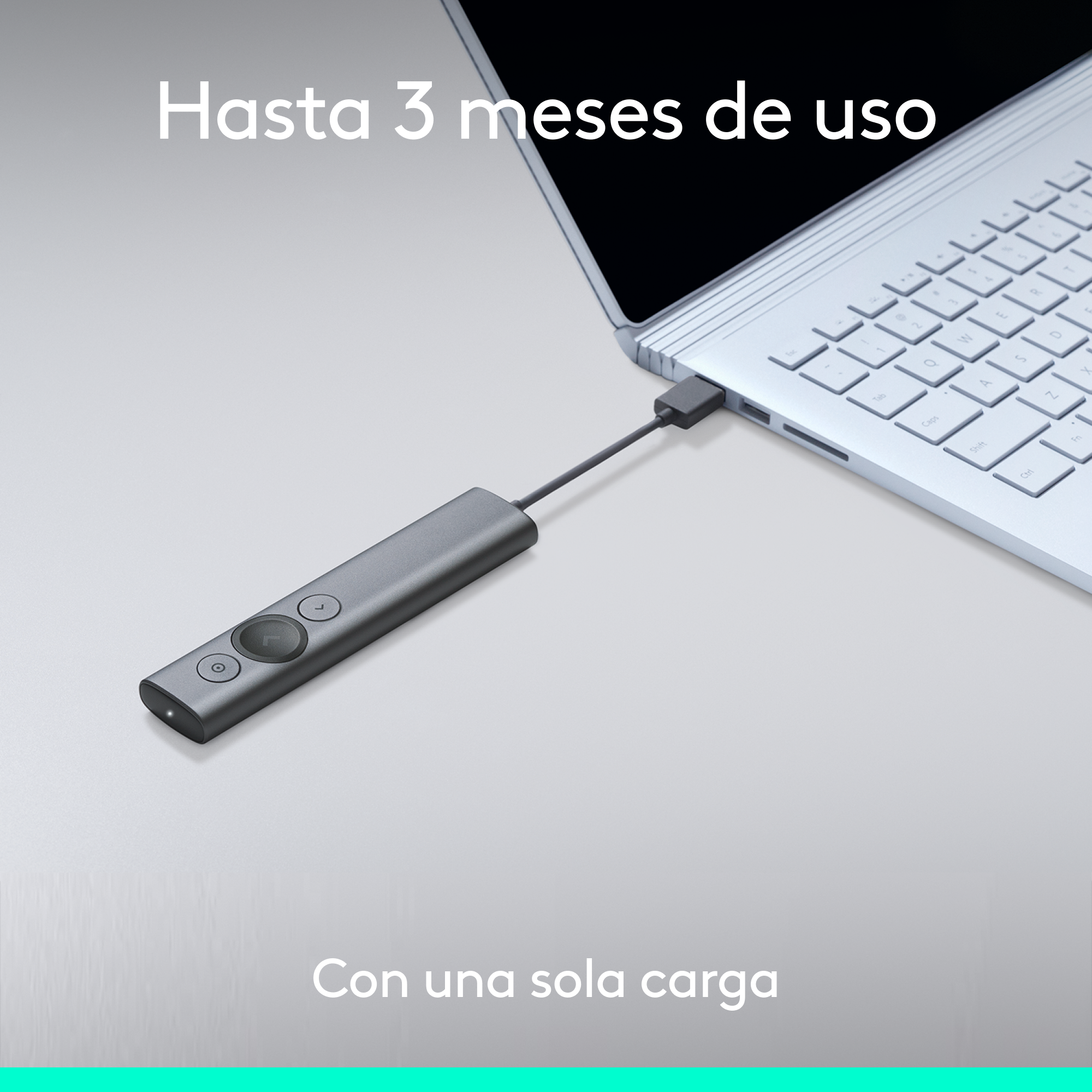Portátil con mando gris conectado. Texto: Hasta 3 meses de uso. Con una sola carga.