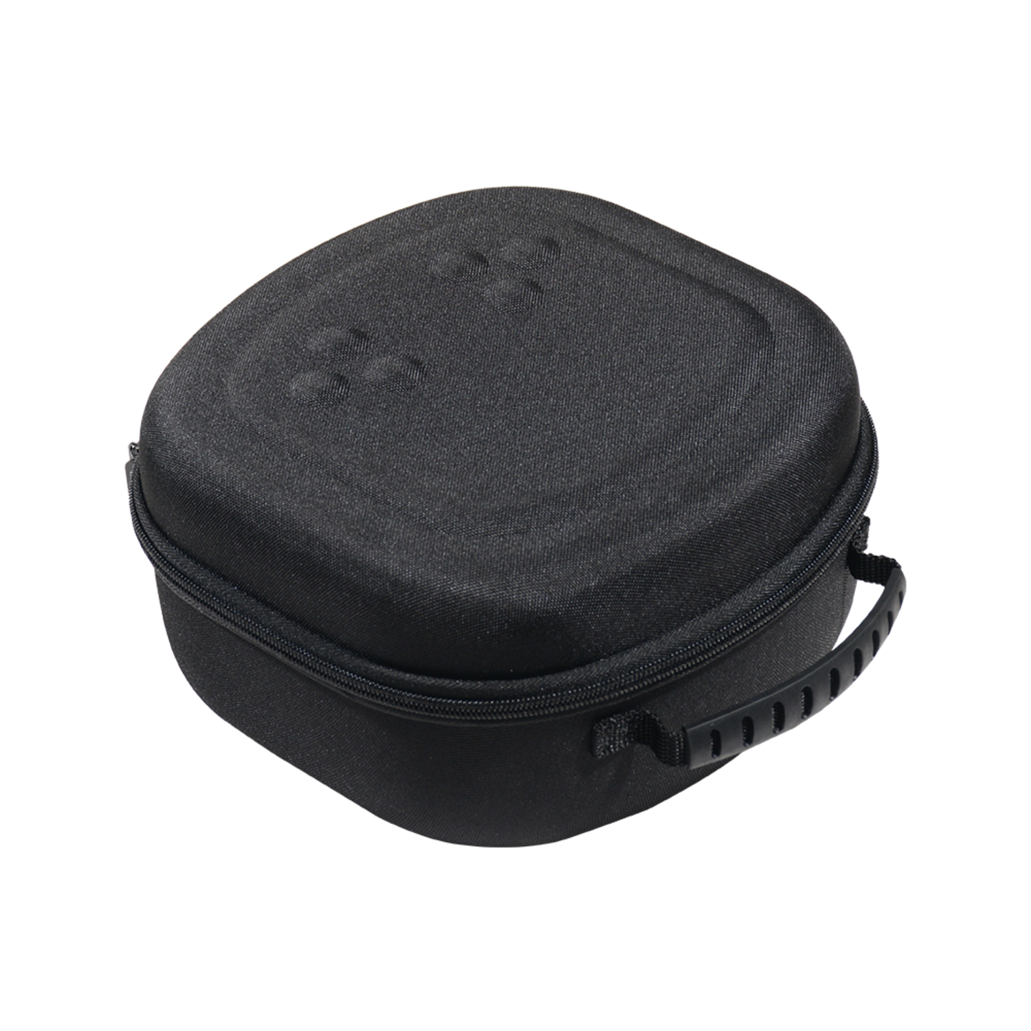 Black, square-shaped carrying case with a handle and a zipper closure.