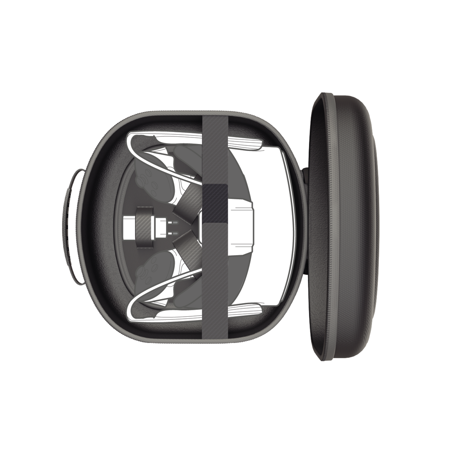 A VR headset in a black case, open to reveal the headset, cables, and carrying straps.