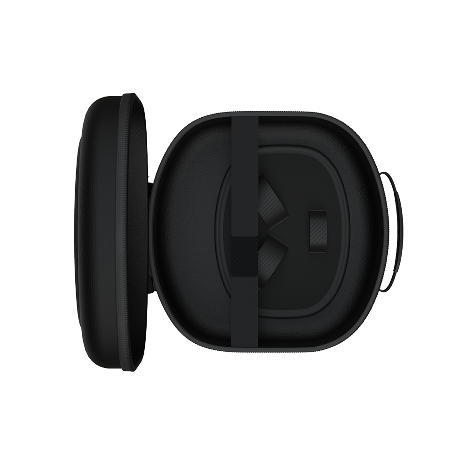 A black case holding a VR headset. The case is open, and the headset is visible inside.