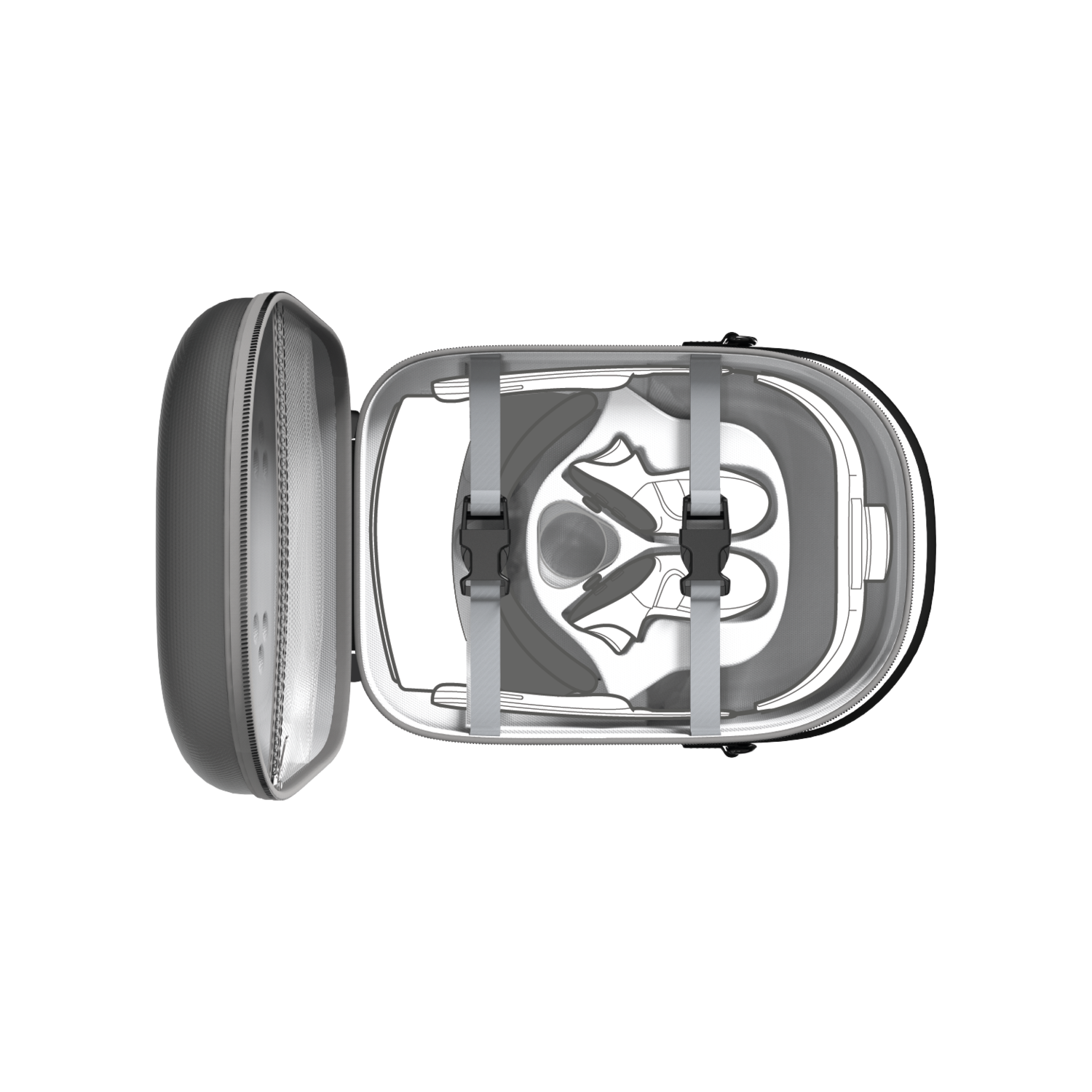 VR headset case, open, met de headset componenten erin, met riemen en vulling.
