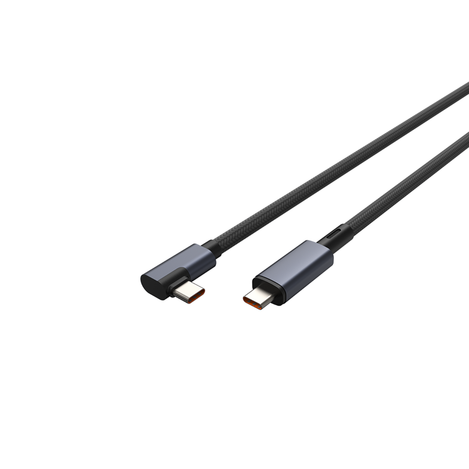 Zwarte USB-C-kabel. Twee schuine connectoren, zwarte achtergrond.