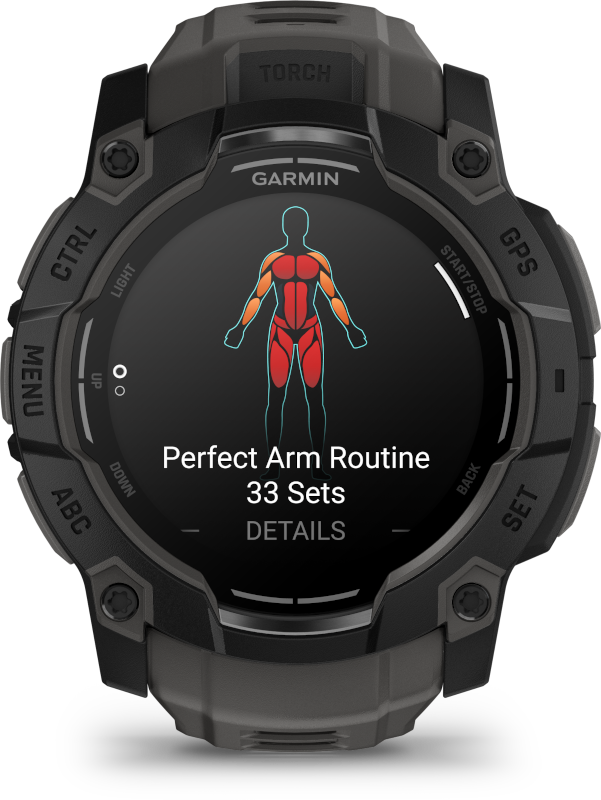 A Garmin okosóra edzéstervet jelenít meg. A képernyő tökéletes kar edzést mutat 33 sorozattal.